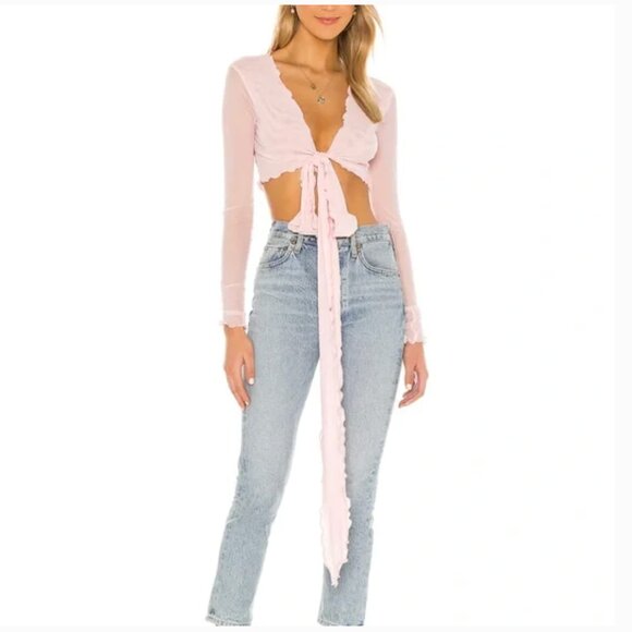 Lovers + Friends Ballet Pink Mesh Tie Front Crop Top - Picture 2 of 5
